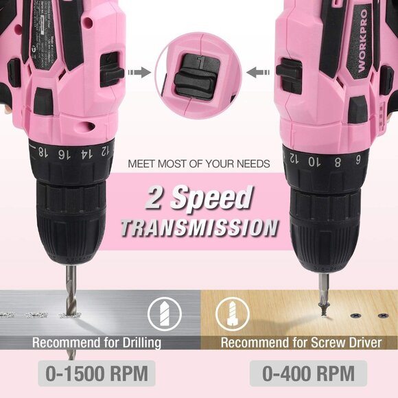 12V Pink Cordless Drill Driver and Home Tool Kit, Hand Tool Set for DIY - Picture 4 of 6